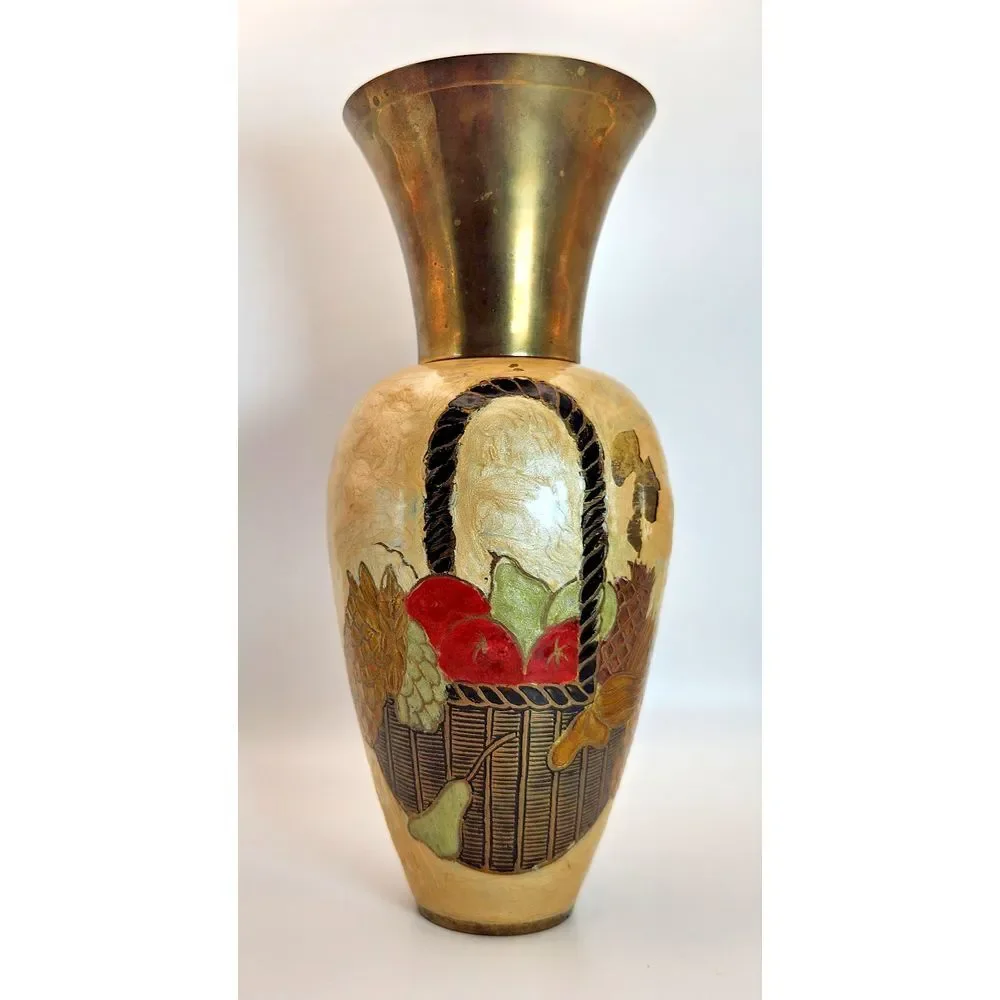 Vintage Enamel on‎ Brass Vase w/ Removable Neck Fruit Basket Design Hand Made